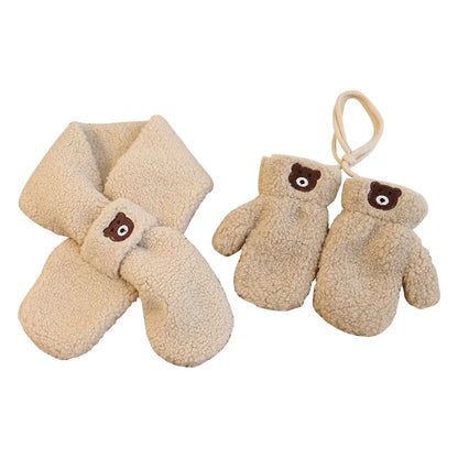 Bear Winter Baby Scarf Gloves Set Faux Lamb Wool Korean Warm Kids Neck Warmer Mittens Children Boys Girls Accessories 2-6Y