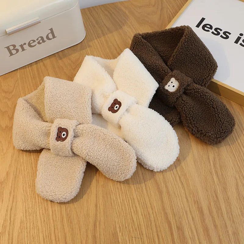 Bear Winter Baby Scarf Gloves Set Faux Lamb Wool Korean Warm Kids Neck Warmer Mittens Children Boys Girls Accessories 2-6Y