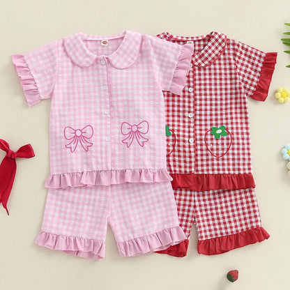Girls Pajama Set with Cute Unicorn Print and Ruffle Trim Short Sleeve Tops and Shorts 2 Piece Lounge Suit Sleepwear for Kids