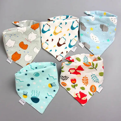 5pcs/lot Pure Cotton Baby Bibs Triangle Double Cotton Bibs Cartoon Print Saliva Towel Baby Boys Girls Feeding Apron