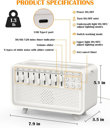 White Noise Machine Diffuser Air Aroma Diffuser Humidifier With 8 White Noise Adjustable, Night Light, Bluetooth Speaker