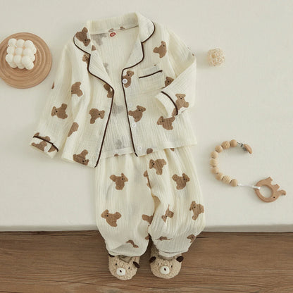 VISgogo Kids Unisex Cotton Linen Pajama Suit Bear Print Long Sleeve Front Pocket Lapel Tops Long Pants Spring Clothes Casual Set