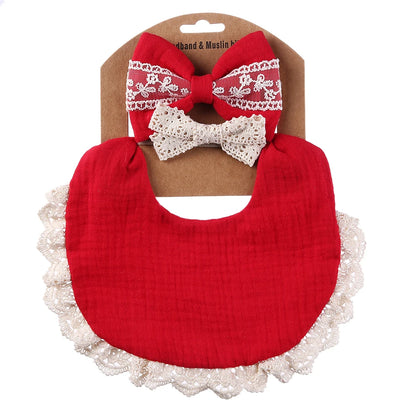 3Pcs/set Solid Muslin Cotton Baby Bibs & Lace Headbands Princess Boys Girls Saliva Towel Feeding Burp Cloths Nylon Hair Bands