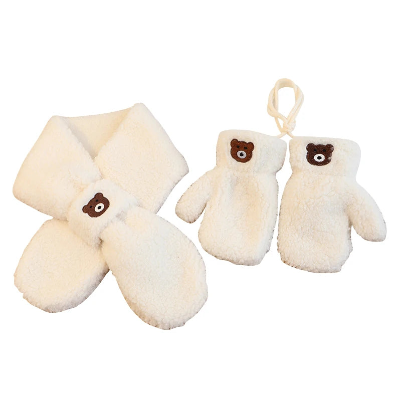 Bear Winter Baby Scarf Gloves Set Faux Lamb Wool Korean Warm Kids Neck Warmer Mittens Children Boys Girls Accessories 2-6Y