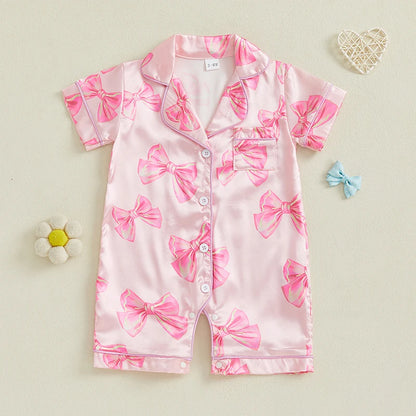 Adorable Infant Princess Bow Satin Pajama Set with Short Sleeves Button-up Shorts and Jumpsuit for Sweet Toddler Bedtime