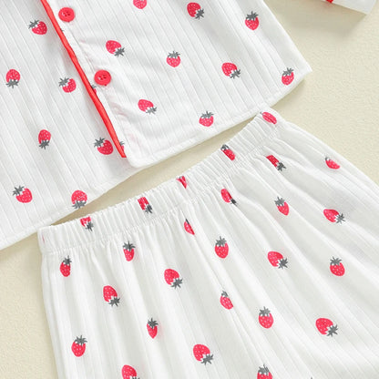 Kids Girls Autumn Pajama Sets Long Sleeve Lapel Strawberry Print Shirt Pants 2 Pieces Loose Sleepwear Nightgown