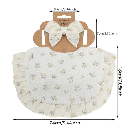 2Pcs/Set Ruffled Edge Muslin Cotton Baby Bibs Hair Bows Girls Headbands Flower Print Saliva Towel Feeding Burp Cloths Scarf