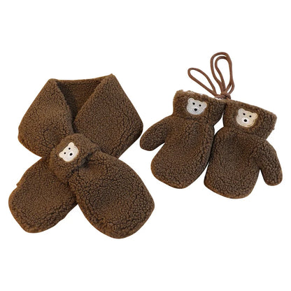 Bear Winter Baby Scarf Gloves Set Faux Lamb Wool Korean Warm Kids Neck Warmer Mittens Children Boys Girls Accessories 2-6Y