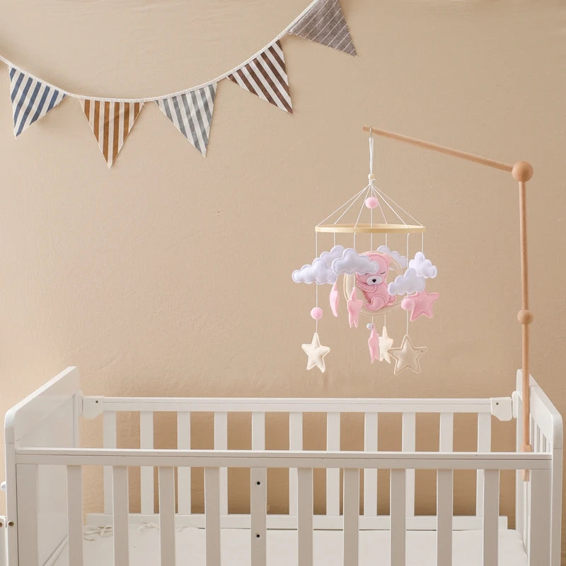 Crib Mobile Baby Wooden Bed Bell Baby Rattles Soft Felt Cartoon Bear Toys Hanger Crib Mobile Bed Bell Wood Toy Bracket Kid Gifts