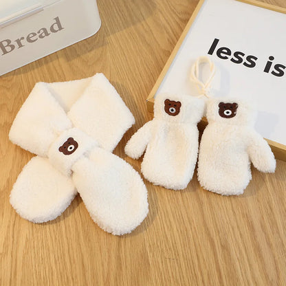 Bear Winter Baby Scarf Gloves Set Faux Lamb Wool Korean Warm Kids Neck Warmer Mittens Children Boys Girls Accessories 2-6Y