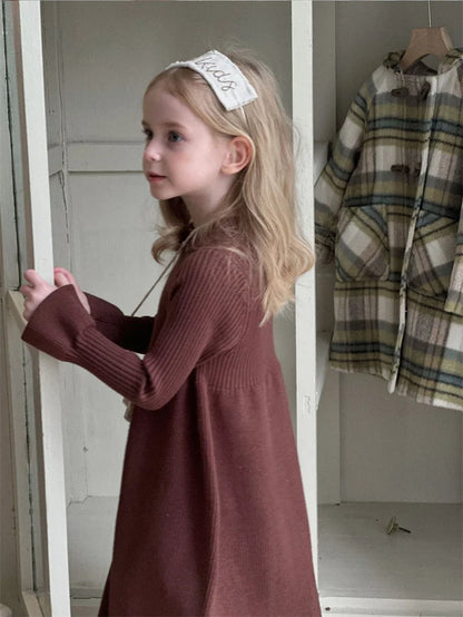 Girls Knitted Dress 2024 Autumn Winter New Children Gown Princess Solid Color Vestidos Kids Fashion Sweater Dresses Baby Clothes