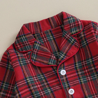 2023-08-17 Lioraitiin 6M-4Y Kids Christmas Pajamas Set Plaid Button up Long Sleeve Shirt and Elastic Pants Loungewear Sleepwear
