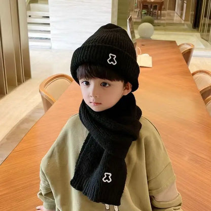 2024 New Fashion Warm Hat Scarf Set for Kids Boy Girl Chic Cartoon Bear Knitted Hat Scarf Autumn Winter Warm Beanie Scarf Set