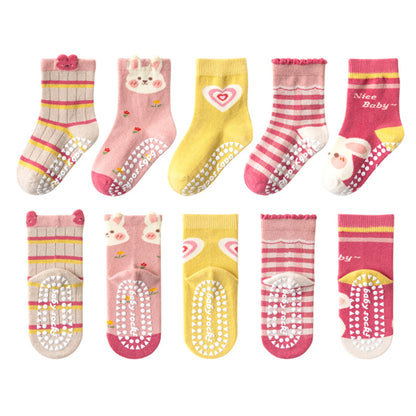 5 pairs of children's mid tube socks, spring and autumn adhesive point floor socks, playground anti slip socks, trampoline socks