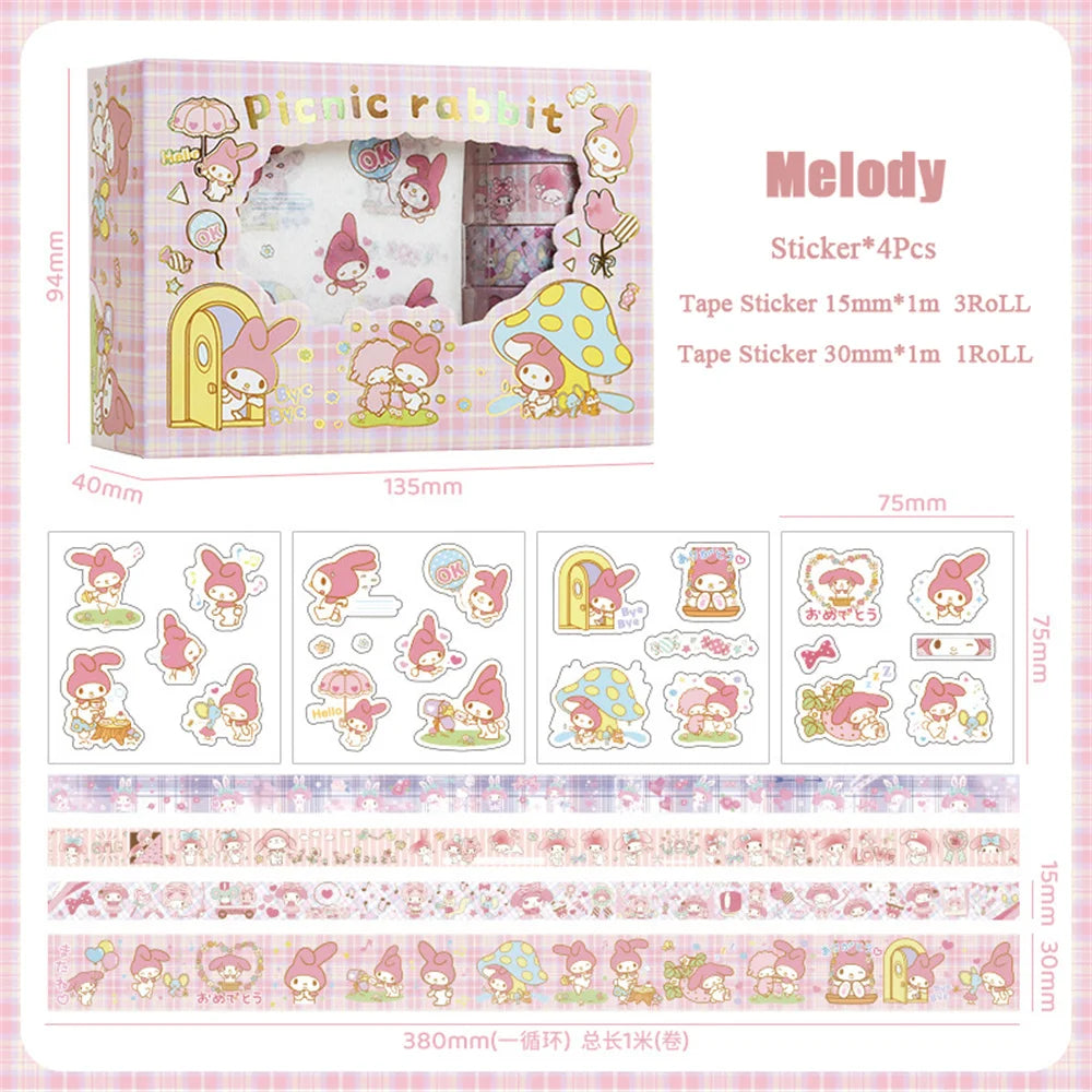 Sanrio Hello Kitty Cinnamoroll Kuromi Sticker Roll Gift Box Cute My Melody Pompompurin Hand Acount Tape Stickers Decal Kids Toys