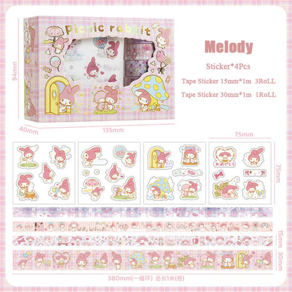 Sanrio Hello Kitty Cinnamoroll Kuromi Sticker Roll Gift Box Cute My Melody Pompompurin Hand Acount Tape Stickers Decal Kids Toys