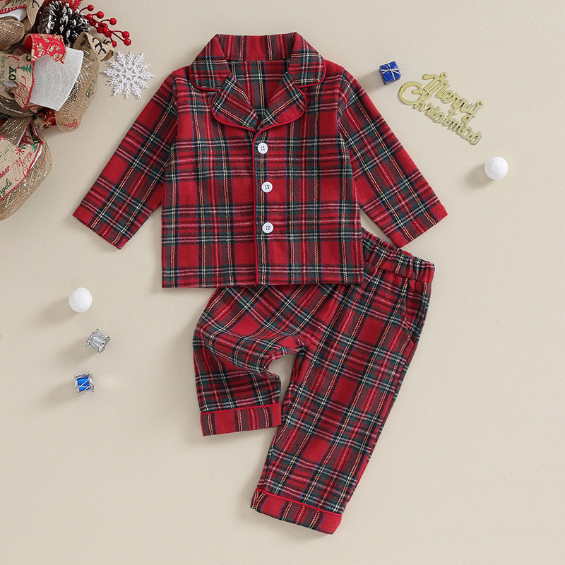 2023-08-17 Lioraitiin 6M-4Y Kids Christmas Pajamas Set Plaid Button up Long Sleeve Shirt and Elastic Pants Loungewear Sleepwear