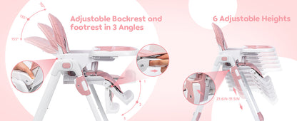 Sejoy Baby High Chair Foldable Highchair Adjustable Backrest Double Removable Tray Detachable PU Leather Cushion High Chair for
