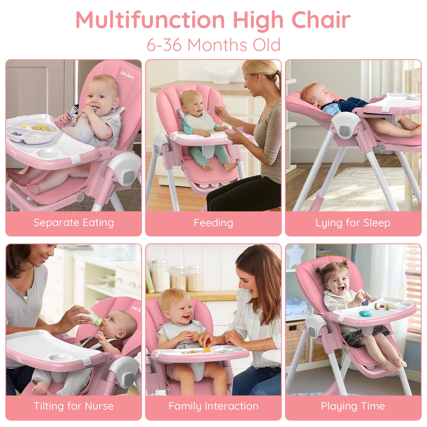 SEJOY Baby High Chair Infants Folding Convertible Removable Tray Adjustable Seat